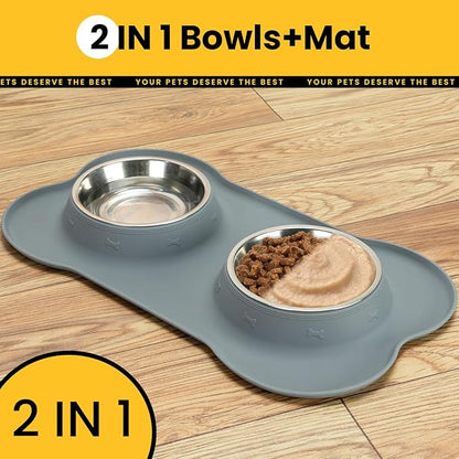 Dog Bowls with Silicone Feeding Mat,No Spill Food Water Dish Set,Dishwasher Safe,2 Stainless Steel Puppy Bowls with Dogs Bandanas,Suitable for Tiny Pets Under 8lbs,Extra Small,Grey
