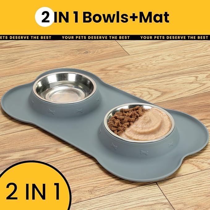 Stainless Steel Dog Bowls with Non-Slip Silicone Mat, Spill Proof Food & Water Bowls Set, Easy Clean Puppy Food Dish, Dishwasher Safe, Suitable for Dogs Cats Pet Under 20lbs, Small, Grey