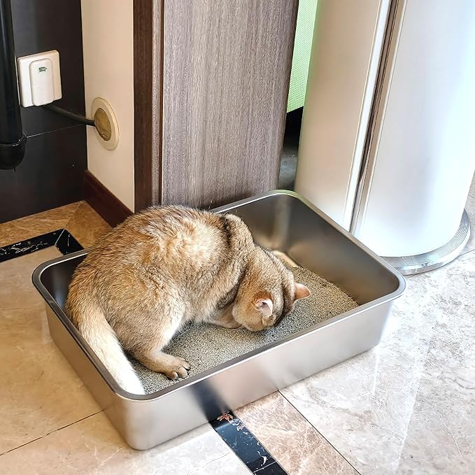 Stainless Steel Litter Box XL 2Pcs,XLarge Metal Cat Litter Box,Cat LitterBox Easy to Clean,Stainless Steel LitterBox for Large/Medium Cats,No Stick No Smell