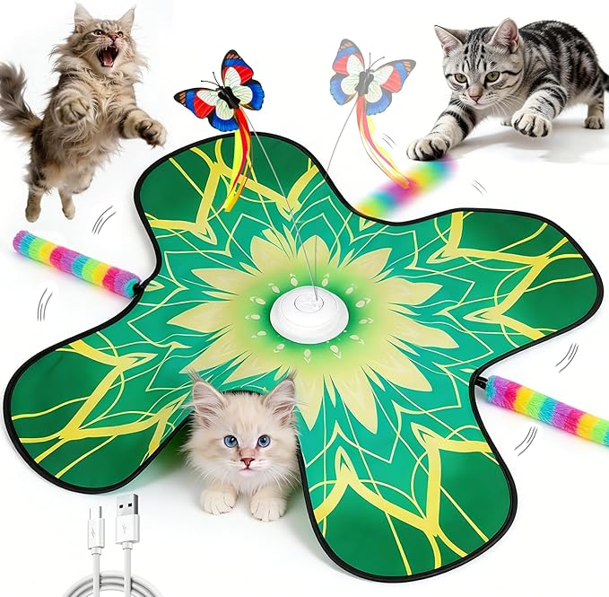 Hide and Seek Cat Toy Mat, 3-in-1 Interactive Cat Toys for Indoor Cats with Fluttering Butterfly & Moving Concealed Feathers, 3 Prey Sounds, Rechargeable Auto Play Mat for Bored Adult Cats & Kittens