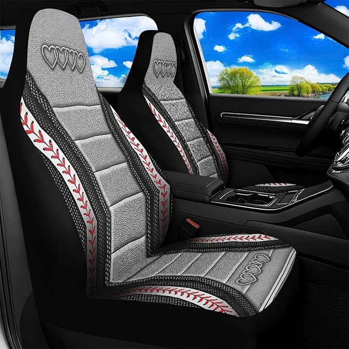 Love Heart Car Seat Covers Baseball Print Universal Bucket Seat Cover Waterproof Anti-Slip Automotive Accessories Suitable for Cars, SUV and Trucks
