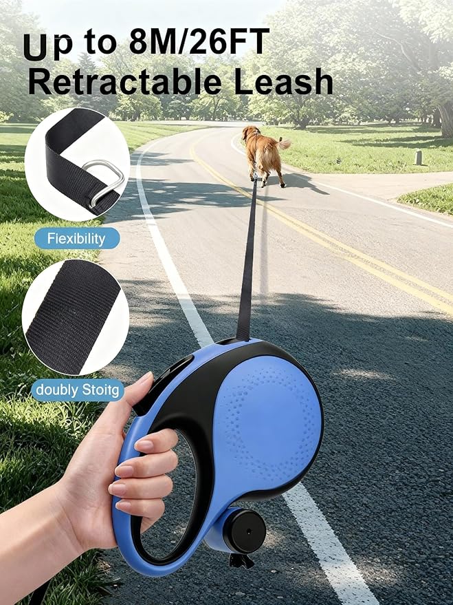 Heavy Duty Retractable Dog Leash 26ft - Tangle-Free 360° Design for Large Dogs Up to 110lbs, with One-Handed Brake & Lock, Anti-Slip Handle, Heavy-Duty Nylon Tape (Blue)