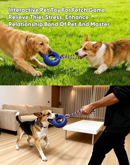 Deeow Dog Tire Toy, Treat Dispensing Chew Toy for Teething Clean and Dental Care, Natural Rubber Enrichment Dog Toys for Boredom Relieve, Interactive Tug-of-War Slow Feeder Pet Toys-Blue