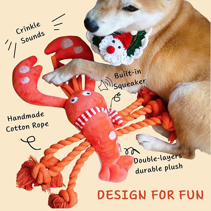 Squeaky Dog Toys, Rope Tug of War Dog Toys, Durable Lobster Plush Chew Toys, Dog Gifts for Puppy, Small Medium Large Dogs