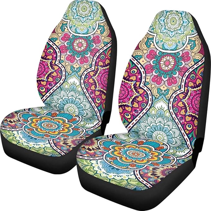 Dreaweet Boho Car Seat Covers Front Seats Universal 2 Piece Mandala Floral Pattern Car Decor Washable & Universal Seat Covers for Cars SUV Sedan