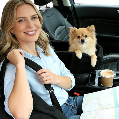 Waterproof Faux Leather Center Console Dog Car Seat, 2-in-1 Portable Puppy Carrier & Armrest Booster Seat for Small Dogs, Easy-to-Clean Tech Fabric, Sturdy Cushioned, Anti-Collapse Walls, Under 11 lbs