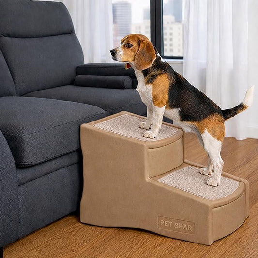 Pet Gear Easy Step II Pet Stairs, 2 Step for Cats/Dogs up to 150 Pounds, Portable, Removable Washable Carpet Tread, No Tools Required, Sand Dune