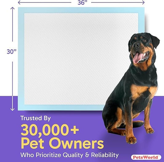 PetsWorld XL Dog Pee Pads 30"x36", 900-Count – Heavy Duty, Leak-Proof Potty Training Pads for Puppies & Large Dogs, Super Absorbent, Quick-Dry Disposable Pads with Odor Control