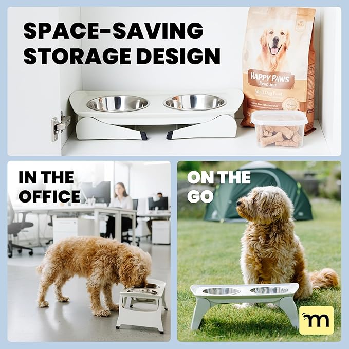 MalsiPree Elevated Dog Bowls - Puppy Adoption Gifts & Cute Puppy Accessories - Raised Feeding Station & Stainless Steel Bowls - Food and Bowls Set - Dog Birthday Gifts for Small Pets - White