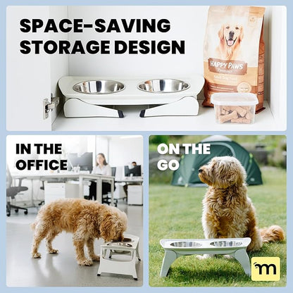 MalsiPree Elevated Dog Bowls - Puppy Adoption Gifts & Cute Puppy Accessories - Raised Feeding Station & Stainless Steel Bowls - Food and Bowls Set - Dog Birthday Gifts for Small Pets - White