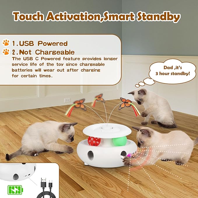 Cat Toys, 3-in-1 Interactive Cat Toy for Indoor Cats, Rechargeable Automatic Kitten Toy with Fluttering Butterfly, Moving Feather, Smart Sensor 6 Holes Whack-A-Mole & Track Balls (White)