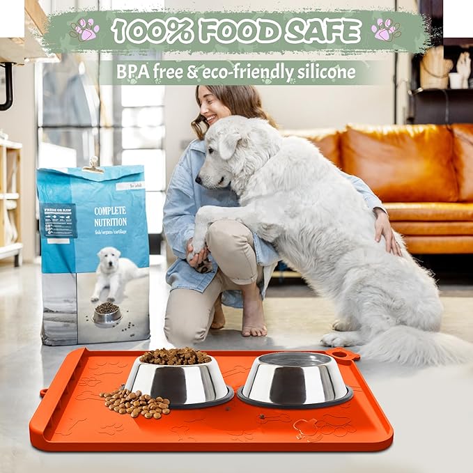 Dog Food Mat, Silicone Dog Mat for Food and Water -Pet Feeding Mats with Residue Collection Pocket, Waterproof Dog Cat Bowl Mats with Raised Edges and Hooks, Placemats for Cats and Dogs Water Bowl
