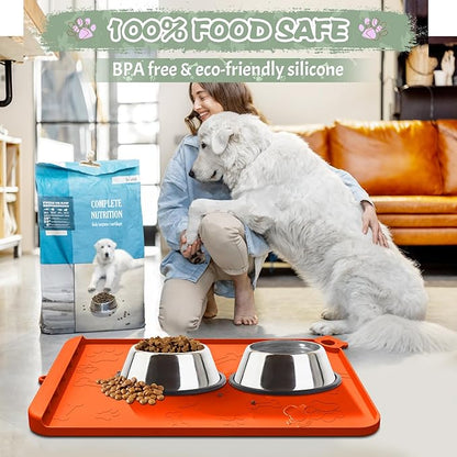 Dog Food Mat, Silicone Dog Mat for Food and Water -Pet Feeding Mats with Residue Collection Pocket, Waterproof Dog Cat Bowl Mats with Raised Edges and Hooks, Placemats for Cats and Dogs Water Bowl