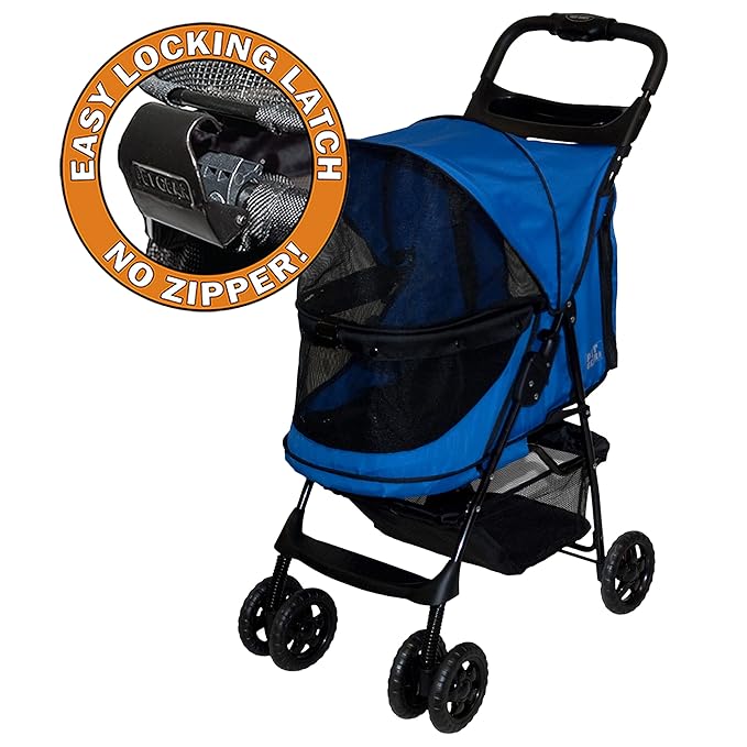 Pet Gear No-Zip Happy Trails Pet Stroller for Cats/Dogs, Zipperless Entry, Easy Fold with Removable Liner, Storage Basket + Cup Holder, NEW Sapphire