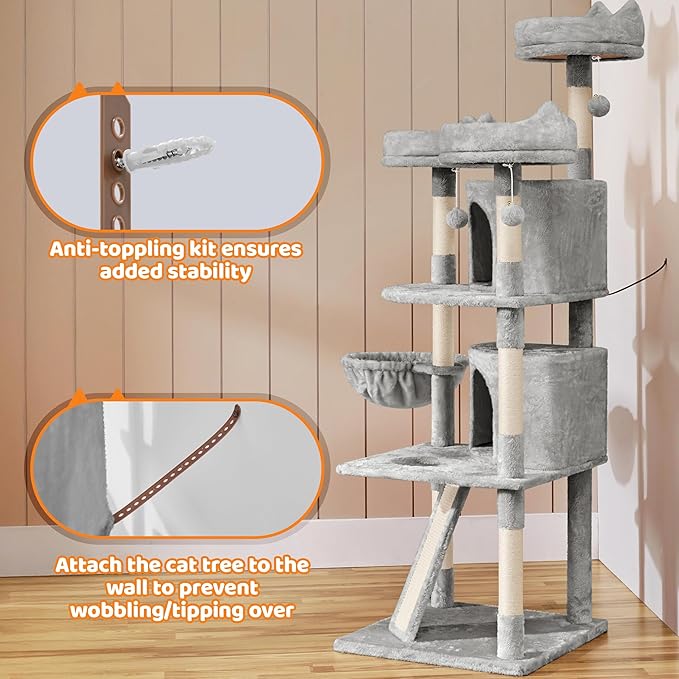 Yaheetech | 68.5in Cat Tree | for Large Cats | Multi-Level Cat Tower with 3 Wide Perches, Large Condo | Stable Pet Play House w/Sisal-Covered Scratching Posts & Board | Light Gray