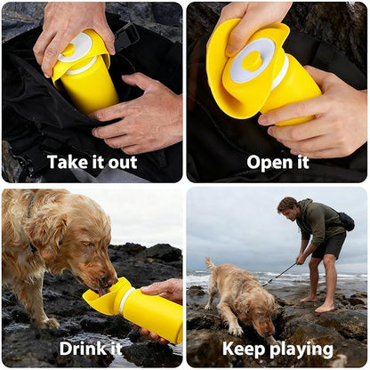 Jalopink Portable Dog Water Bottle, 2-in-1 Leak Proof & Collapsible Silicone Pet Dispenser with Built-in Bowl, Food Grade Travel Cup for Walking, Hiking (19oz/550ml, Yellow)