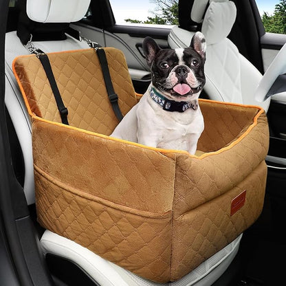 HEGGCOOE Dog Car Seat for Small Medium Dogs, Memory Foam Dog Booster Seats with Thick Cushion for Dogs Under 35lbs, Detachable Washable Pet Car Seat Travel Bed with Storage Pockets,2 Safety Belt