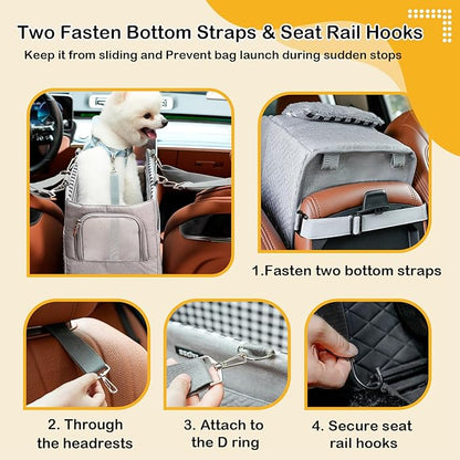 Console Dog Car Seat for Small Dogs Cats Up to 12lbs, Anti-Collapse Pet Armrest Booster Seat with Soft Pillow,Non-Slip Seat Rails Hooks & Safety Belt, Portable Car Accessories for Pets Travel