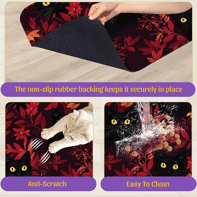 Black Cat Forest Pet Feeding Mat, Fast-Dry Absorbent Dog and Cat Bowl Mat, Waterproof Non-Slip Base for Messy Eaters, Indoor Pet Accessories – 16x24 Inch