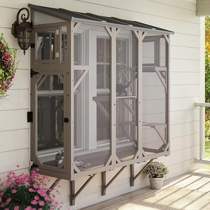 Large Window Catio Cat Window Box, Expandable Cat Catio for Indoor Cats, Outdoor Enclosure with 4 Platforms, 3 Doors for Sunbathing, Napping, Overlooking, All Weather Use