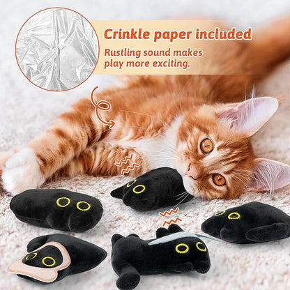 HubirdSall 5Pcs Cute Black Cat Catnip Crinkle Paper Sound Toys Gift for Cats, Catmint Teething Chew Kick Interactive Toy with Bread for Indoor Kitty, Soft Funny Pet Presents Supplies for Kitten Lover