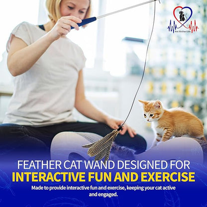 Pet Fit For Life Cat Feather Wand Toys – Interactive Cat Wand Toy for Indoor Pets | 2 Feather Attachments | Promotes Animal Health & Fitness, Made w/ Soft & Durable Materials | Gift (Brown)
