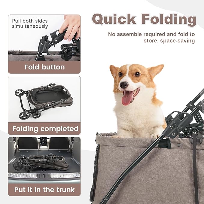 20% Larger Capacity, Wedyvko Dog Stroller for Medium/Small Pets w/Dog Poop Bags & Dispenser, Storage Pouch, Zipperless, Entry in/Out Easy (Coffee)