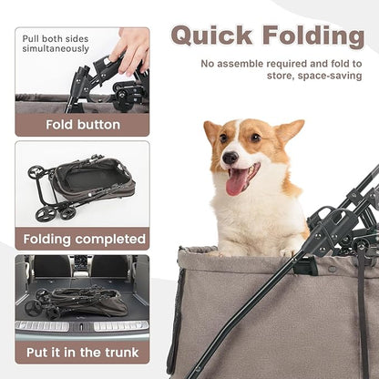 20% Larger Capacity, Wedyvko Dog Stroller for Medium/Small Pets w/Dog Poop Bags & Dispenser, Storage Pouch, Zipperless, Entry in/Out Easy (Coffee)