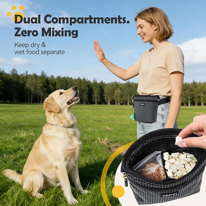 AGPTEK Dog Treat Pouch, Magnetic Dog Walking Pouch with Removable & Split Snack Bag, Water-Resistant Waist Pack with Poop Bag Dispenser & Hands-Free D-Ring for Training, Walking, Hiking, Run, Black