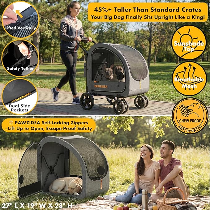 PAWZIDEA 3-in-1 Large Dog Stroller with Detachable Carrier up to 80lbs, Portable Dog Car Crate & Travel Kennel, Foldable Pet Stroller for 2 Medium Dogs, All-Terrain 9” Jogger Wheels, Adjustable Handle