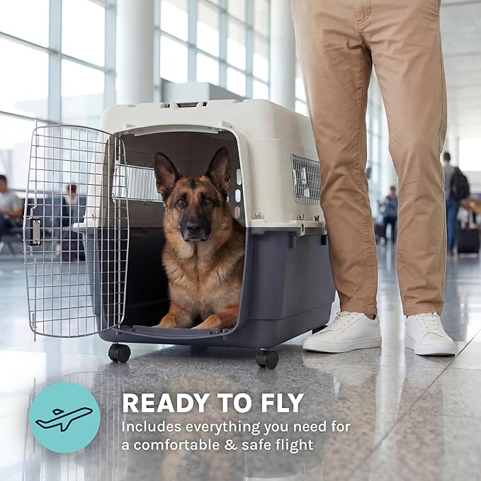 SportPet Airline Compliant XX-LARGE 36" Travel Dog Kennel-Durable Plastic Airline Pet Carrier w/ Removable Wheels & Food Bowls, Collapsible Indoor/Outdoor Dog Kennel, Dogs up to 36"L & 27"H-Cream/Gray