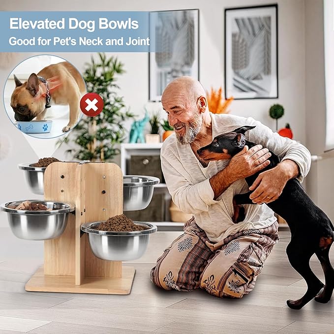 handrong Elevated Dog Bowls,4 Heights Raised Dog Bowl,4 Dogs Bowls Elevated,Wood Dogs Food Bowl,4 Sided Pet Feeding Station for Small,Medium Large Sized Pet-47.3oz