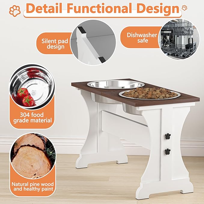 Piskyet Elevated Dog Bowls,Farmhouse Dog Bowls Stand, Raised Dog Bowl with 2 Stainless Steel Wooden Dog Bowl 12 Cups 15.7''H 90 OZ Bowl-Farmhouse Style