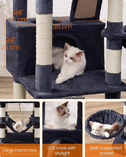 Feandrea Cat Tree, 66.1-Inch Large Cat Tower, Multi-Level Plush Condo with 13 Scratching Posts, 2 Perches, 2 Caves, Basket, Hammock, Pompoms, Smoky Gray UPCT165G01