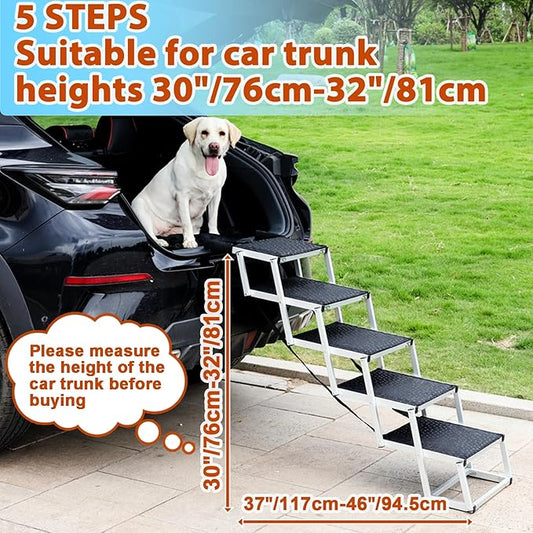 Uross Dog Stairs for Car 5 Steps - Collapsible Dog Steps Ramp for Car and SUV, Aluminum Pet Ramp Stairs for Large Dogs,Telescoping Ladder for Truck, High Bed