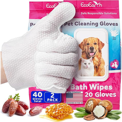 Premium Pet Cleaning Gloves for Dogs & Cats - 2 Bags 20 Pcs each - Disposable Glove Wipes for Bathing, Deodorizing & Grooming - Dog Bath Mitts for Paws, Fur, Face & Butt - Hypoallergenic + Lick Safe