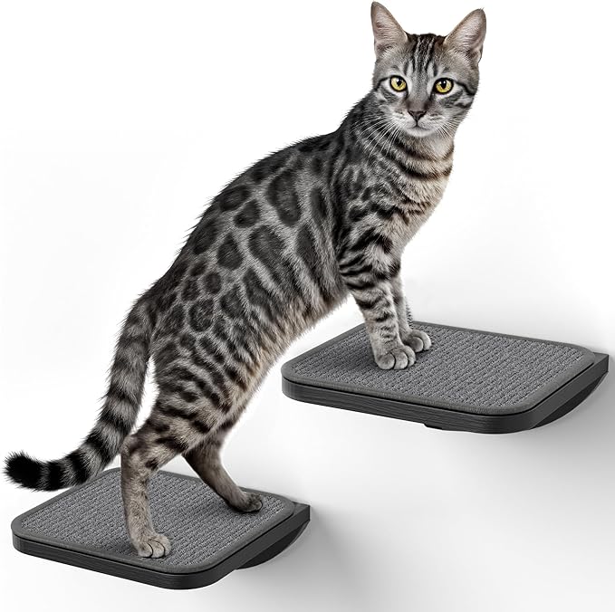 Grey Sisal-Padded Cat Wall Steps (2-Pack), Floating Wooden Cat Perch and Climbing Step Set, Wall Mounted Furniture for Jumping & Play
