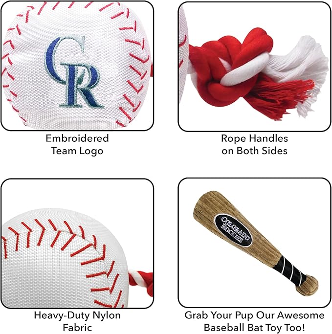 MLB COLORADO ROCKIES Baseball Rope Toy for DOGS & CATS. Tough nylon, Sporty Baseball Design, Heavy-duty ropes with Inner SQUEAKER