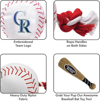 MLB COLORADO ROCKIES Baseball Rope Toy for DOGS & CATS. Tough nylon, Sporty Baseball Design, Heavy-duty ropes with Inner SQUEAKER