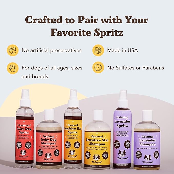 Natural Dog Company Calming Lavender Spritz 8 oz – Hypoallergenic Dog Deodorizing Spray with Aloe & Oatmeal – Refreshes Coat, Soothes Sensitive Skin – Natural Lavender Scent, No Artificial Fragrance