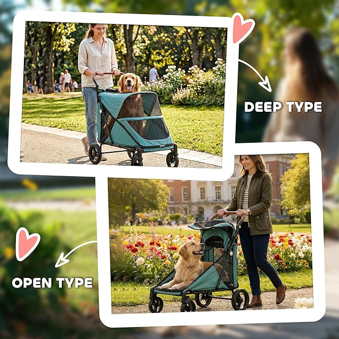 PawHut Dog Stroller for Large Dogs, One-Click Folding 4 Wheel Large Pet Stroller Wagon for Multiple Pets, All Terrain Spring Suspension w/ 8-Position Adjustable Handle, Mesh Window, Up to 66 LBS, Teal