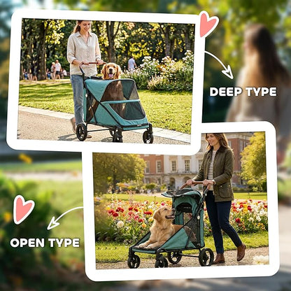 PawHut Dog Stroller for Large Dogs, One-Click Folding 4 Wheel Large Pet Stroller Wagon for Multiple Pets, All Terrain Spring Suspension w/ 8-Position Adjustable Handle, Mesh Window, Up to 66 LBS, Teal