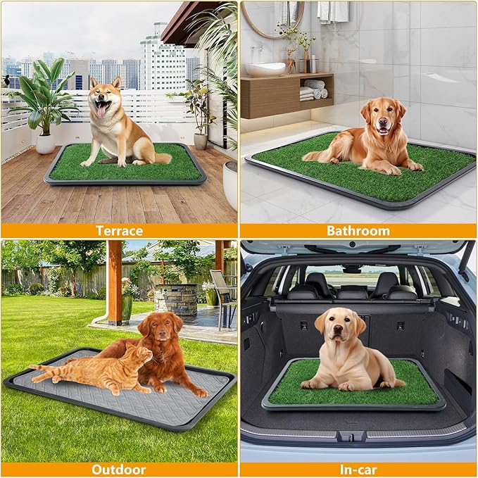 Dog Grass Pad with Tray, 35x23in Dogs Potty Tray with 2-Pack Replacement Artificial Grass and 2 Washable Reusable Pee Pads ,Dog Litter Box for Pet Training,Indoor Portable Pottys Pet Toilet