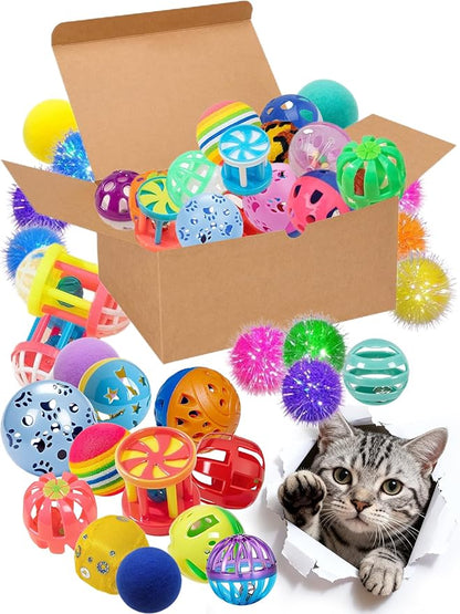 40 Pcs Luxury Cat Balls Set, Indoor Interactive Cat Toys for Bored Kittens, Jingle Balls Plush Glow Balls Soft Pom Balls, Play Balls for Kitties All Ages (1.5'' - 2.3'')