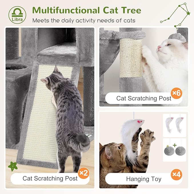 Globlazer Heavy Duty Cat Tree 78 inch Sturdy Cat Tower for 20lbs Large Adult Cats, Symmetrical Aesthetic Big Cat Tree with Extra Large Platform, 2 Scratching Boards, Z78, Light Grey