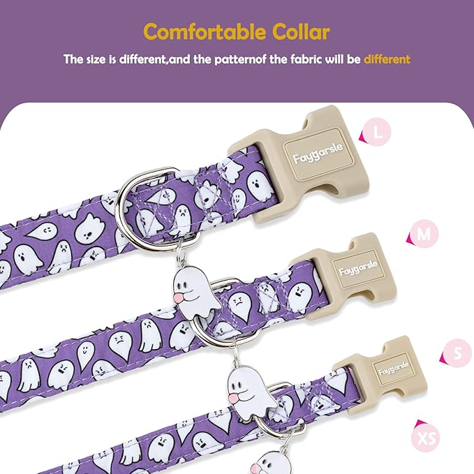 Faygarsle Halloween Dog Collar with Charm, Purple with Ghost Pattern, for Small Medium Large Dogs XS