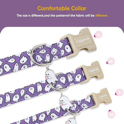 Faygarsle Halloween Dog Collar with Charm, Purple with Ghost Pattern, for Small Medium Large Dogs XS