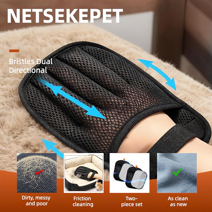 2PCS Pet Hair Removal Glove for Cats & Dogs, Reusable Electrostatic Pet Hair Remover Mitt, Five-Finger Design for Clothing, Couch, Carpet, Car Seat