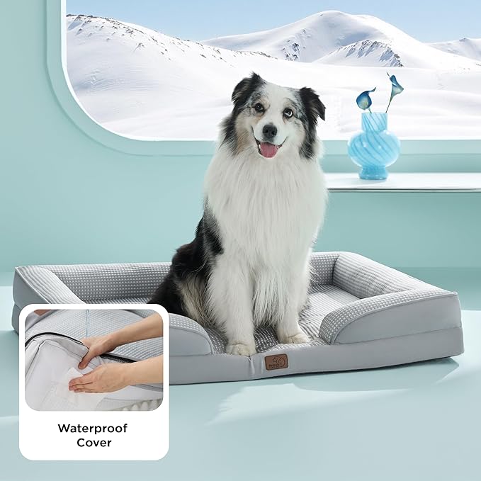Bedsure L Plus Cooling Dog Bed for Large Dogs - Orthopedic Dog Cat Cooling Bed Washable, Big Comfort Dogs Couch Sofa with Waterproof Removable Cover, Pet Bed with Nonskid Bottom, Cooling Grey, 38"