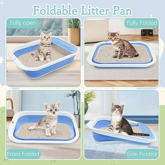 Fhiny Kitten Litter Box Portable Shallow Litter Box 17.7"x13.4"x4.9" Foldable Cat Toilet with Scoop Open Kitty Potty Pan with Litter Drop Pedal Easy to Clean Travel Kitten Toilet(Blue)
